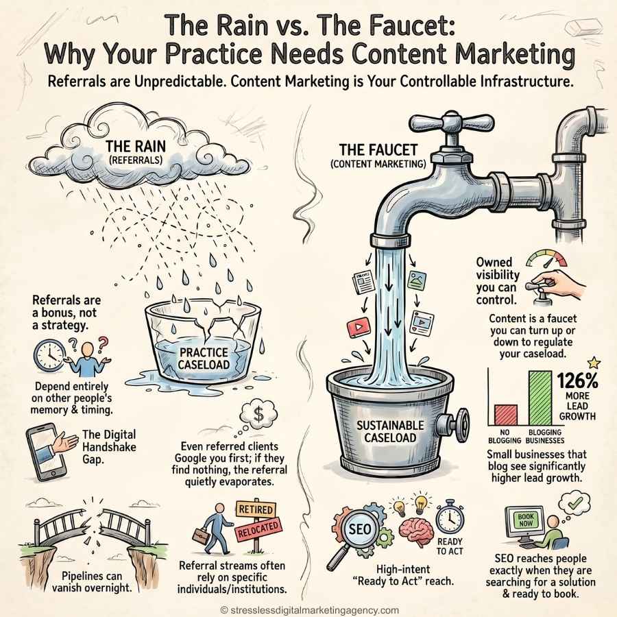 An infographic asks, "Is Content Marketing Necessary?" by comparing unreliable rain (referrals) to a controllable faucet (content marketing), showing how content marketing delivers steady leads, better visibility, and a sustainable client base. | stresslessdigitalmarketingagency.com