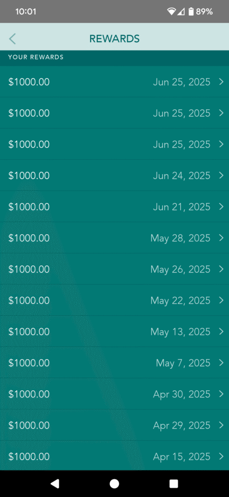 Ivy Pay Mobile app screen displaying a list of rewards, each showing $1000.00 with dates from April 29, 2025 to June 25, 2025. The top bar reads REWARDS and the device time is 10:01—perfect for tracking your progress on stresslesstherapist.com. | stresslessdigitalmarketingagency.com