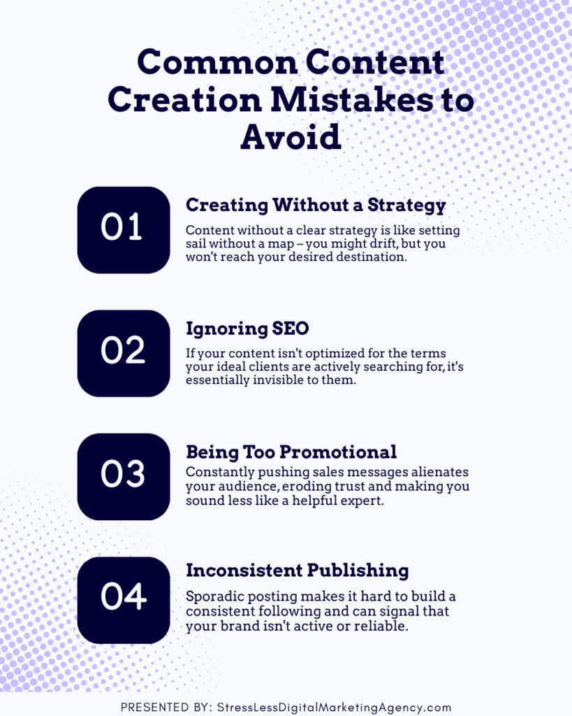Visual guide illustrating key content creation mistakes to avoid for successful online engagement and audience growth.