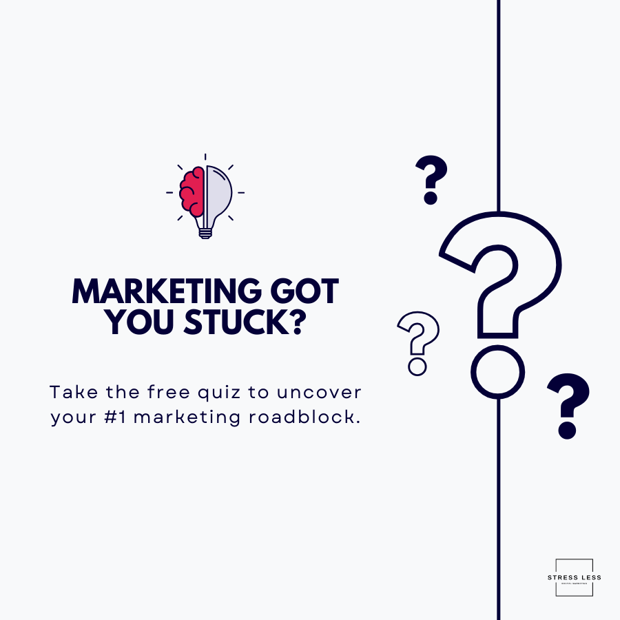 A graphic with a lightbulb illustration and large text reading “Marketing got you stuck?” Perfect for the busy mompreneur, this invites you to take a free quiz to uncover your top marketing roadblock. Three question marks decorate the right side. | stresslessdigitalmarketingagency.com