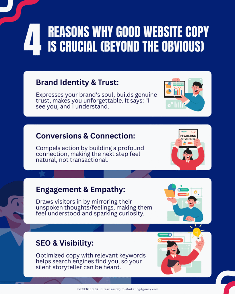 Infographic titled “4 Reasons Why Good Website Copy Is Crucial (Beyond the Obvious)” with illustrated icons next to each point. The four reasons are: Brand Identity & Trust – helps express your brand’s soul and builds genuine trust; Conversions & Connection – encourages action through emotional connection; Engagement & Empathy – resonates with visitors’ unspoken feelings; and SEO & Visibility – optimized copy improves search rankings. Presented by StressLessDigitalMarketingAgency.com.