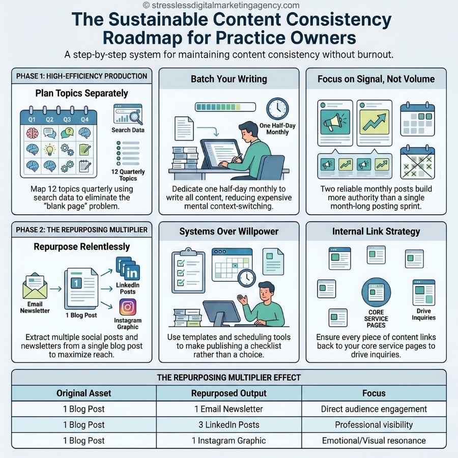 Infographic outlining a step-by-step content consistency roadmap for practice owners, covering topic selection, content batching, repurposing, and internal linking—complete with illustrated icons and concise explanations for achieving content consistency at every stage. | stresslessdigitalmarketingagency.com