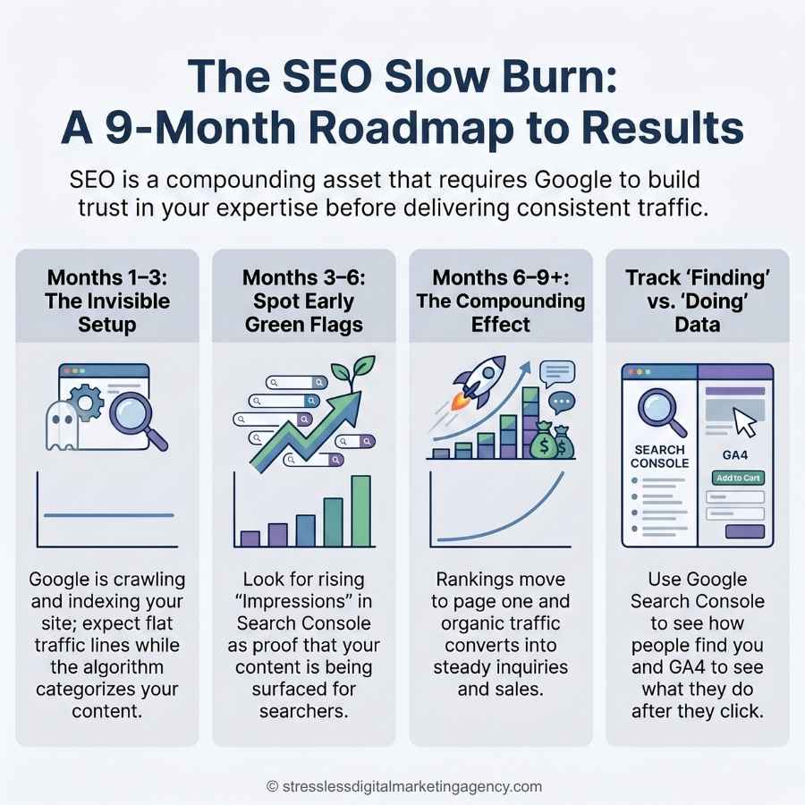 An infographic titled The SEO Slow Burn: A 9-Month Roadmap to Results, outlining steps for achieving SEO results over 9 months—covering setup, spotting early signs, the compounding effect, and how to measure SEO results with tools like GSC and GA4. | stresslessdigitalmarketingagency.com