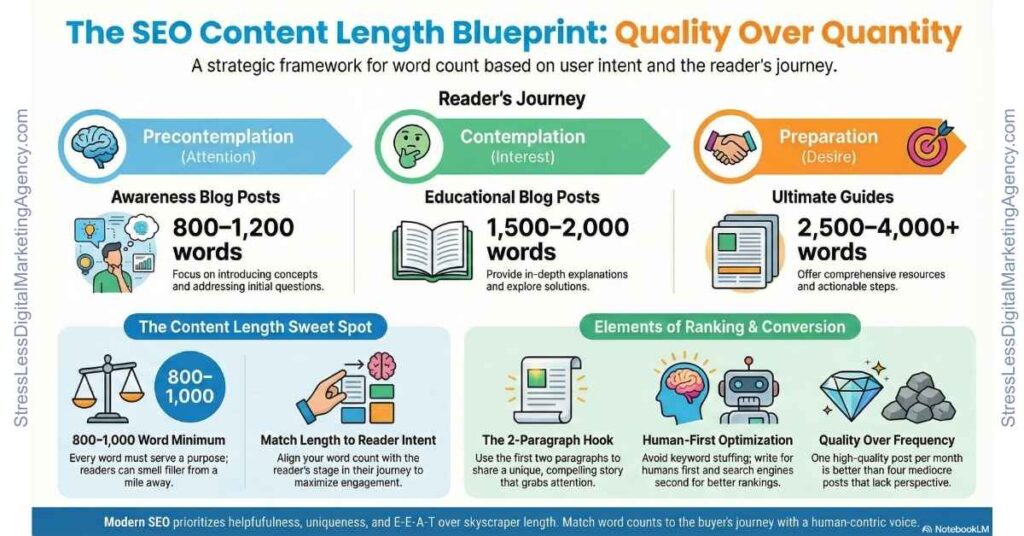 Infographic titled The SEO Content Length Blueprint: Quality Over Quantity, exploring "How long should SEO content be?" with recommended blog post lengths for each reader journey stage, icons, tips on ranking and conversion, and the importance of quality content. | stresslessdigitalmarketingagency.com