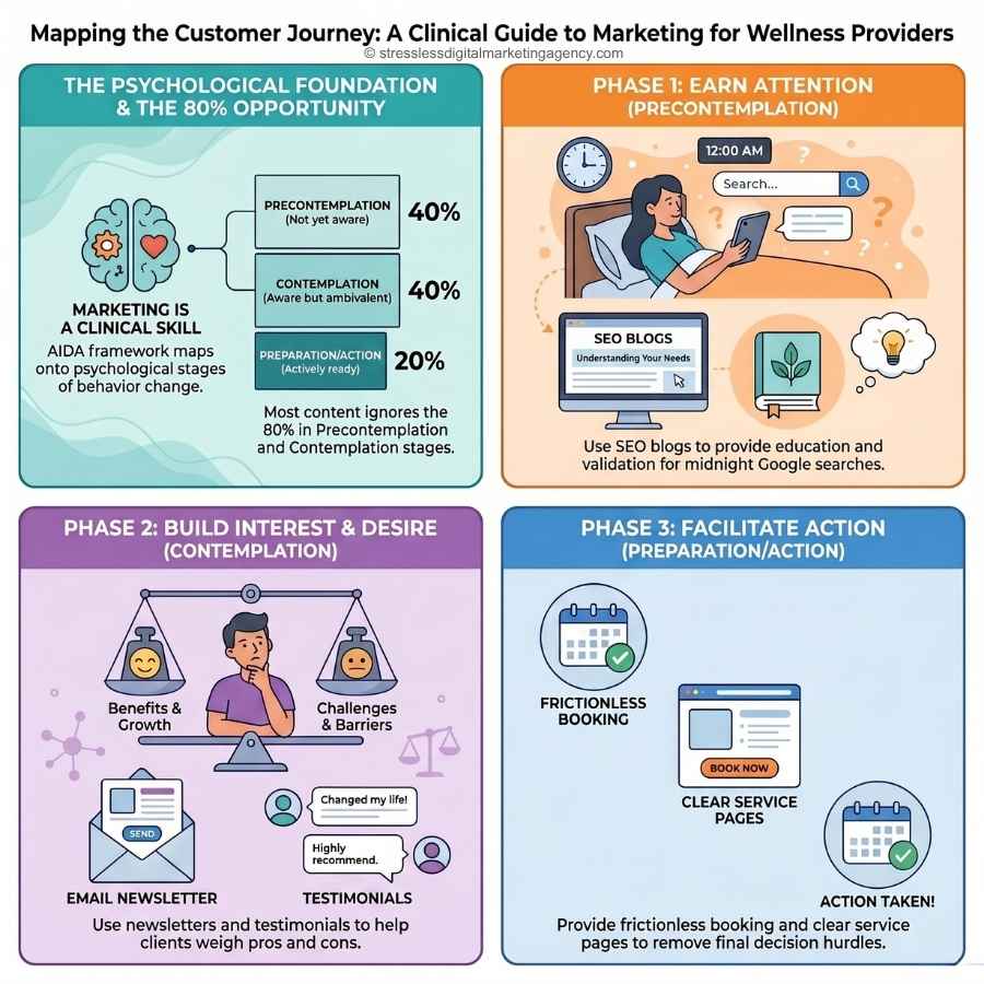 Infographic showing three Customer Journey phases for wellness providers: Phase 1—gain attention with SEO blogs; Phase 2—build interest via benefits, challenges, newsletters, and testimonials; Phase 3—facilitate action with frictionless booking flow. | stresslessdigitalmarketingagency.com