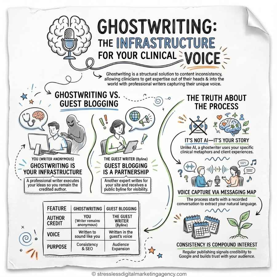 An illustrated infographic explains what ghostwriting for therapists is, comparing it to guest blogging, outlining the process, benefits, and use of AI, with icons of people writing, speech bubbles, and workflow diagrams on a white crumpled background. | stresslessdigitalmarketingagency.com