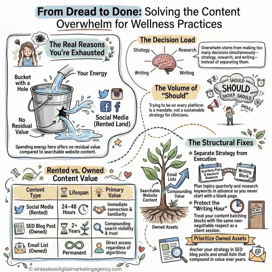 Infographic explaining why content creation feels overwhelming for wellness practices, covering energy drains, decision load, managing shoulds, structural fixes, rented vs. owned content, and prioritizing owned assets. | stresslessdigitalmarketingagency.com