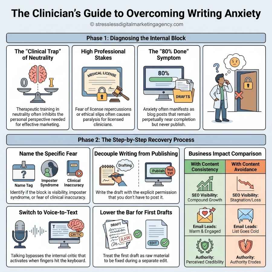 Infographic titled The Clinician’s Guide to Overcoming Writing Anxiety for Therapists shows phases for overcoming writing anxiety, step-by-step strategies, and professional tips, with illustrated icons for each technique and process. | stresslessdigitalmarketingagency.com