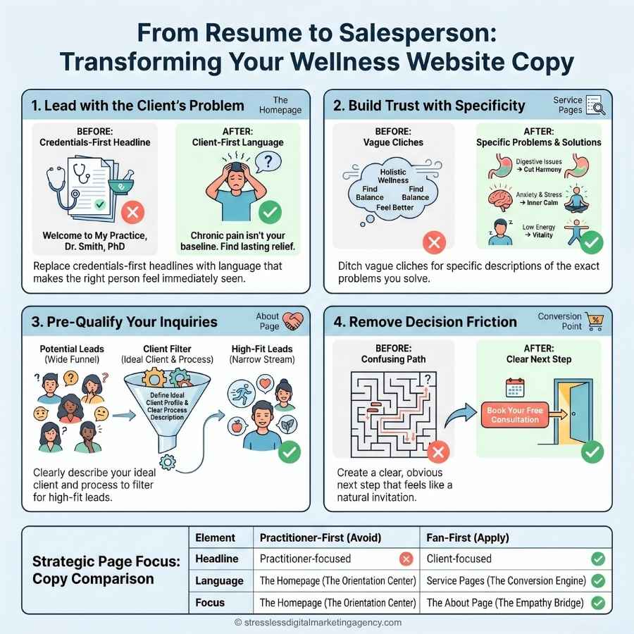 Infographic with four steps to create website copy that sells: lead with client’s problem, build trust with specifics, pre-qualify inquiries, and remove decision friction—plus before-and-after examples and a comparison chart at the bottom. | stresslessdigitalmarketingagency.com