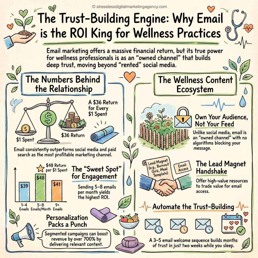 Infographic explaining how email marketing ROI for wellness professionals builds trust, highlighting ROI stats, content ideas, personalization benefits, and tips for list growth and automation, with hand-drawn icons and charts. | stresslessdigitalmarketingagency.com