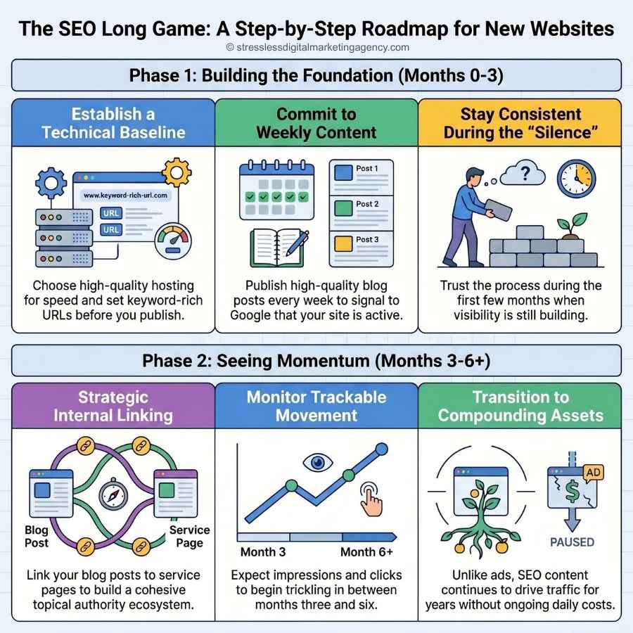 Infographic showing a step-by-step SEO roadmap for new websites, including answers to "How long does SEO take to work for a new website?" Divided into two phases with colorful icons: building the foundation and seeing momentum. | stresslessdigitalmarketingagency.com