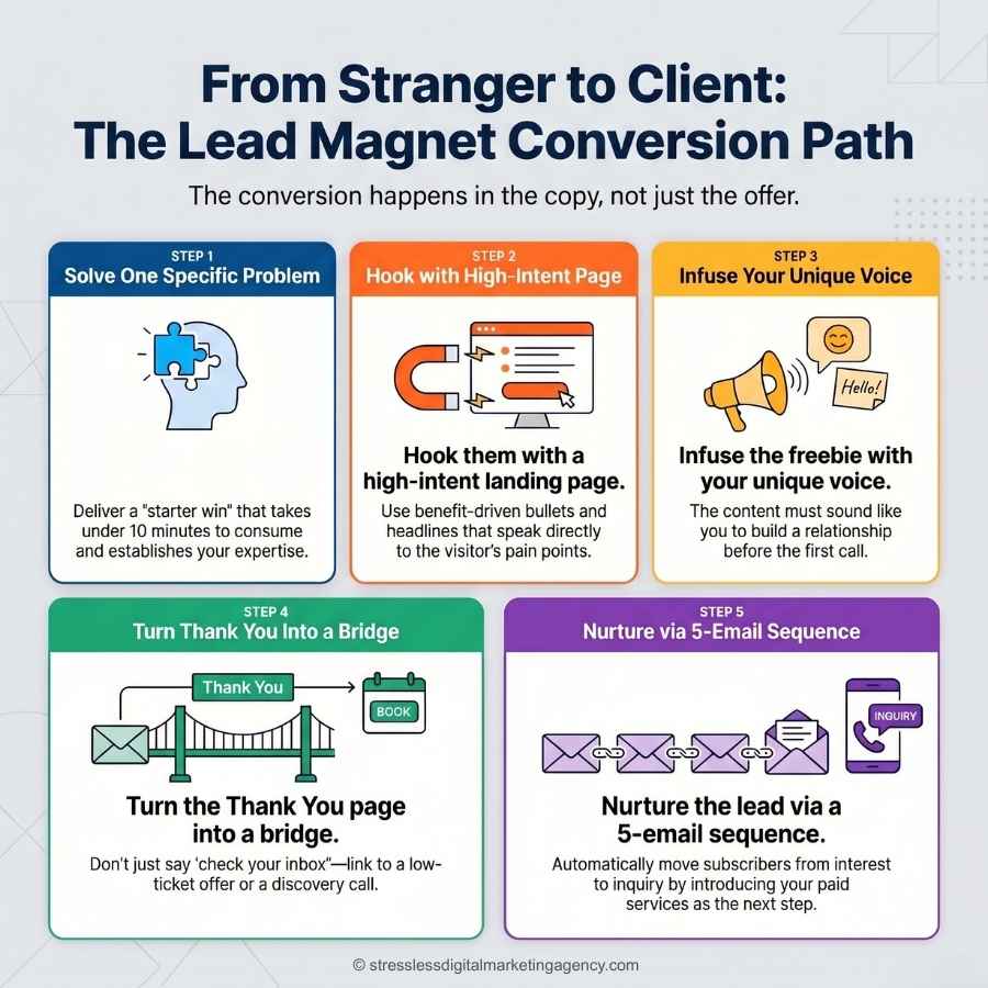 Infographic titled From Stranger to Client: The Lead Magnet Conversion Path features six colorful steps, showing how a high converting freebie or lead magnet for service providers can solve problems, nurture leads via email, and convert them into clients. | stresslessdigitalmarketingagency.com