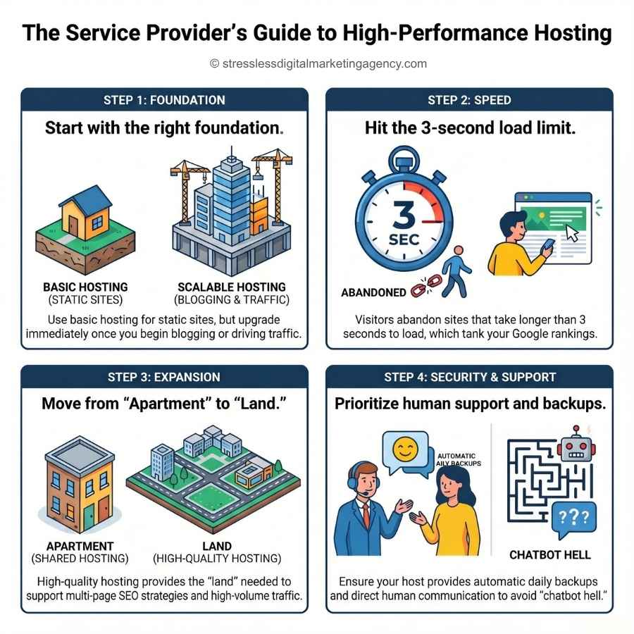 An infographic explains four steps for high-performance website hosting: start with the right hosting, ensure pages load in under 3 seconds, upgrade hosting as your site grows, and prioritize human support over chatbots. | stresslessdigitalmarketingagency.com