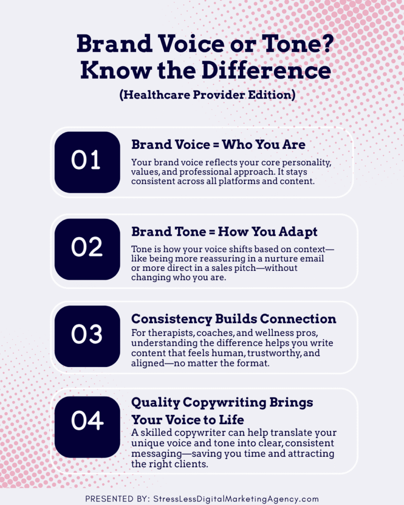 Infographic titled Brand Voice or Tone? Know the Difference (Healthcare Provider Edition) explores Brand Voice vs Brand Tone with four sections on brand voice, brand tone, consistency, and quality copywriting. Presented by StressLessDigitalMarketingAgency.com.