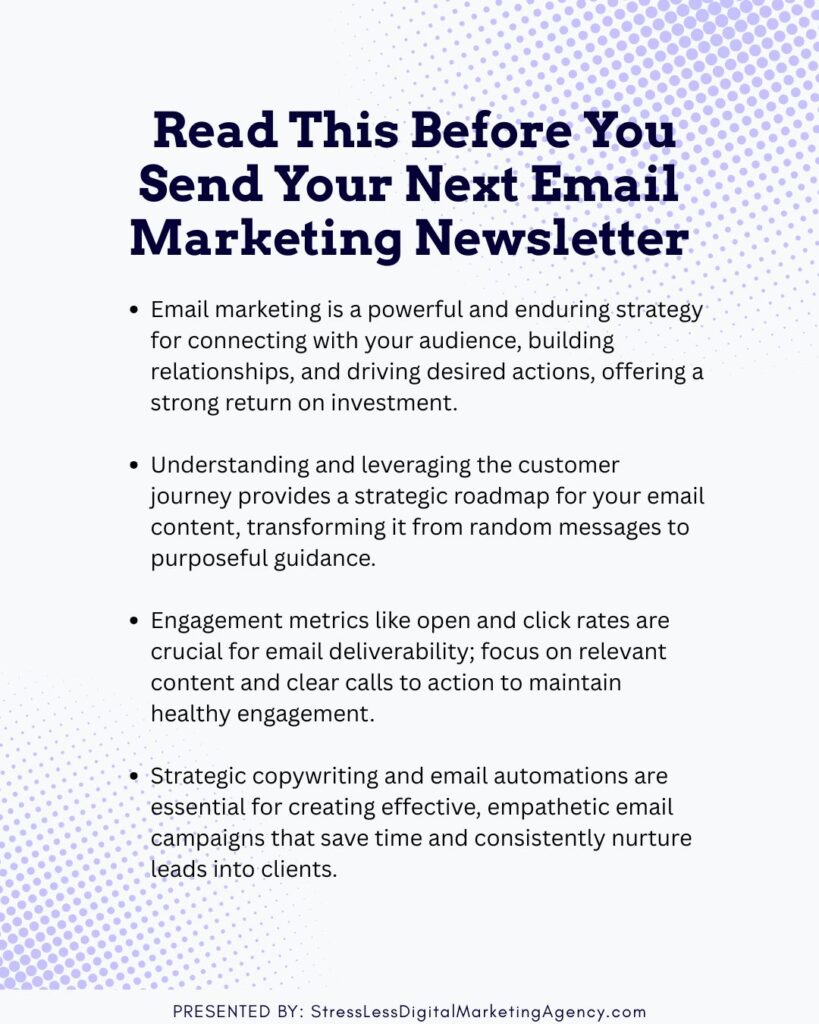 A digital flyer with the title “Read This Before You Send Your Next Email Marketing Newsletter,” featuring four bullet points with copywriting and email marketing tips, on a white background with purple and blue gradients. | stresslessdigitalmarketingagency.com