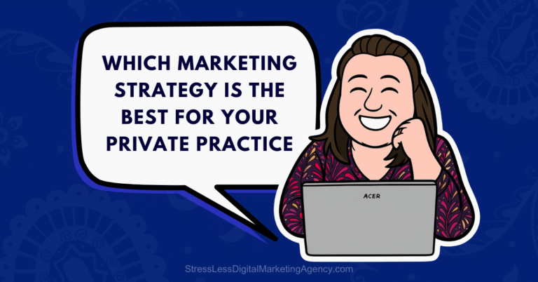 A cartoon of a woman smiling and holding a laptop, ready to develop a marketing strategy for her private practice. | stresslessdigitalmarketingagency.com