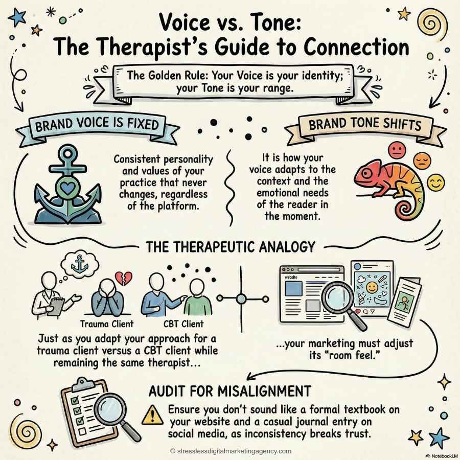 An illustrated guide explains brand voice vs. brand tone—how voice stays fixed while tone shifts—using a chameleon analogy, a therapist analogy, and a handy checklist for auditing marketing misalignment. | stresslessdigitalmarketingagency.com