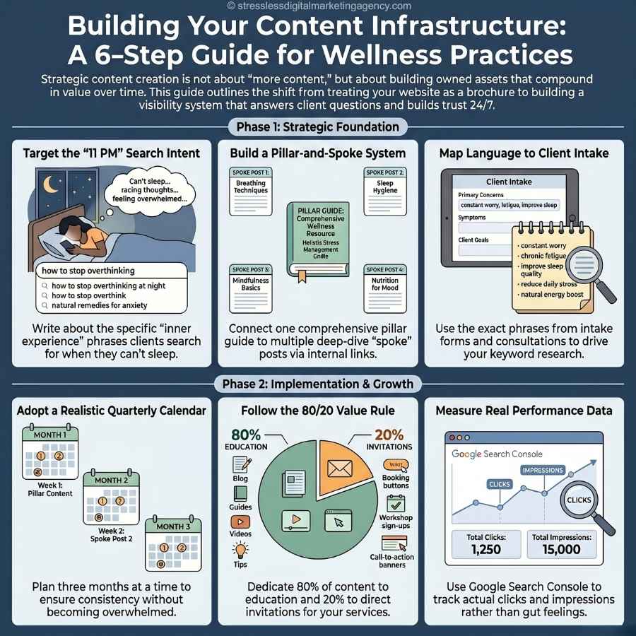 Infographic titled “Building Your Content Infrastructure: A 6-Step Guide for Wellness Practices,” outlining steps for content creation strategy, implementation, measuring performance, with illustrations, percentages, and example charts. | stresslessdigitalmarketingagency.com