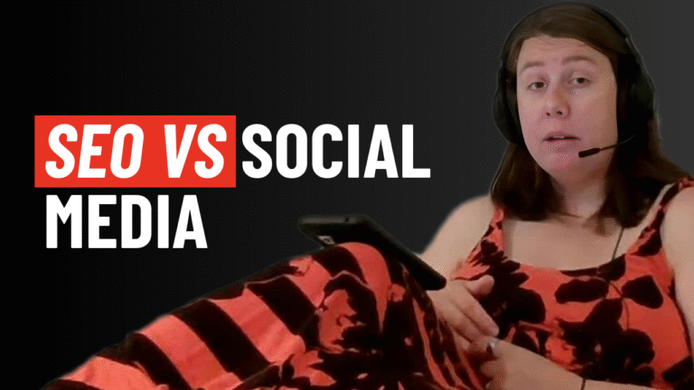 A woman wearing a headset and a red-and-black patterned dress reclines while holding a tablet. The text beside her highlights SEO vs social media on a bold black background. | stresslessdigitalmarketingagency.com