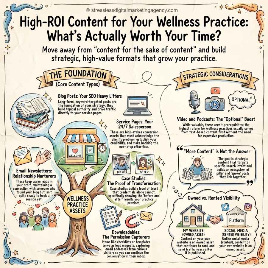 An illustrated infographic titled High-ROI Content for Your Wellness Practice highlights content creation tips, key content types, strategic considerations, and a flowchart guiding high-value format choices for wellness practitioners. | stresslessdigitalmarketingagency.com