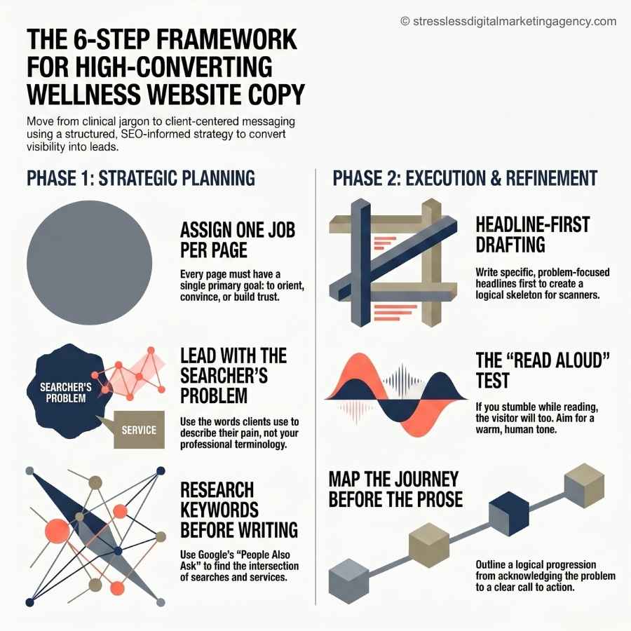 Infographic titled The 6-Step Framework for High-Converting Wellness Website Copy, answering "How do you write your website?" with two phases, icons, and expert tips for strategic planning and execution in writing effective website copy. | stresslessdigitalmarketingagency.com