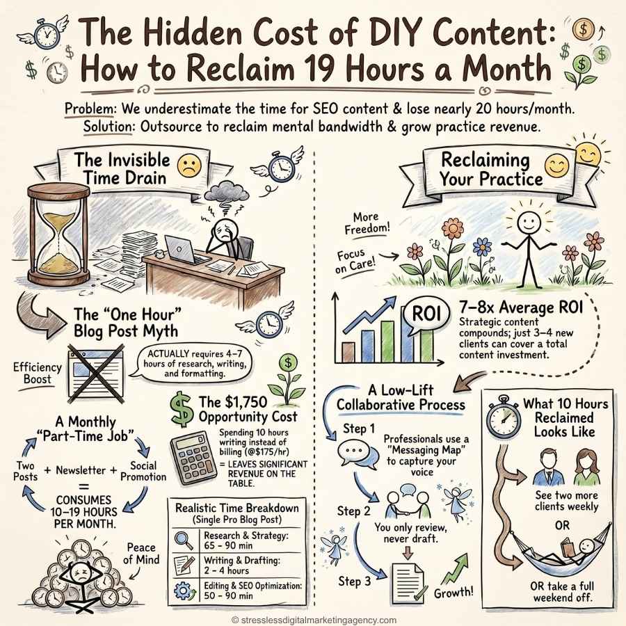 An illustrated infographic answers "How Much Time Will I Save If I Outsource My Content?"—revealing hidden DIY costs, time drains, ROI stats, and solutions to reclaim 19 hours/month for revenue growth and restored mental bandwidth. | stresslessdigitalmarketingagency.com