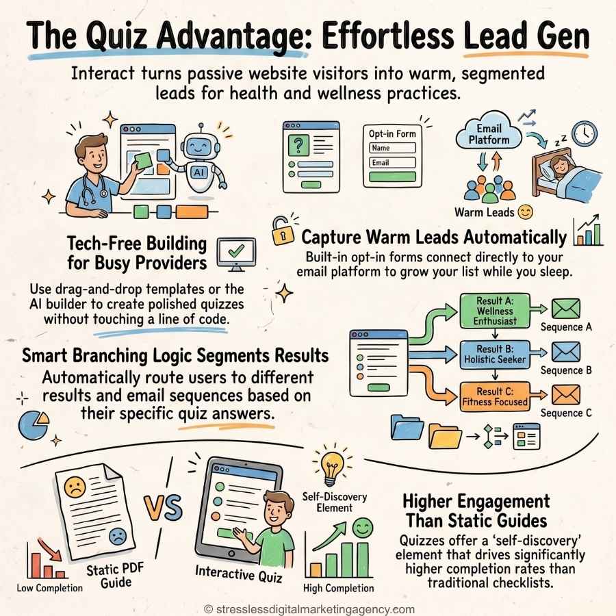 An infographic titled The Quiz Advantage: Effortless Lead Gen explains how a quiz lead magnet for therapists converts website visitors into leads using tools, automatic segmentation, and interactive formats that outperform static guides for health and wellness practices. | stresslessdigitalmarketingagency.com