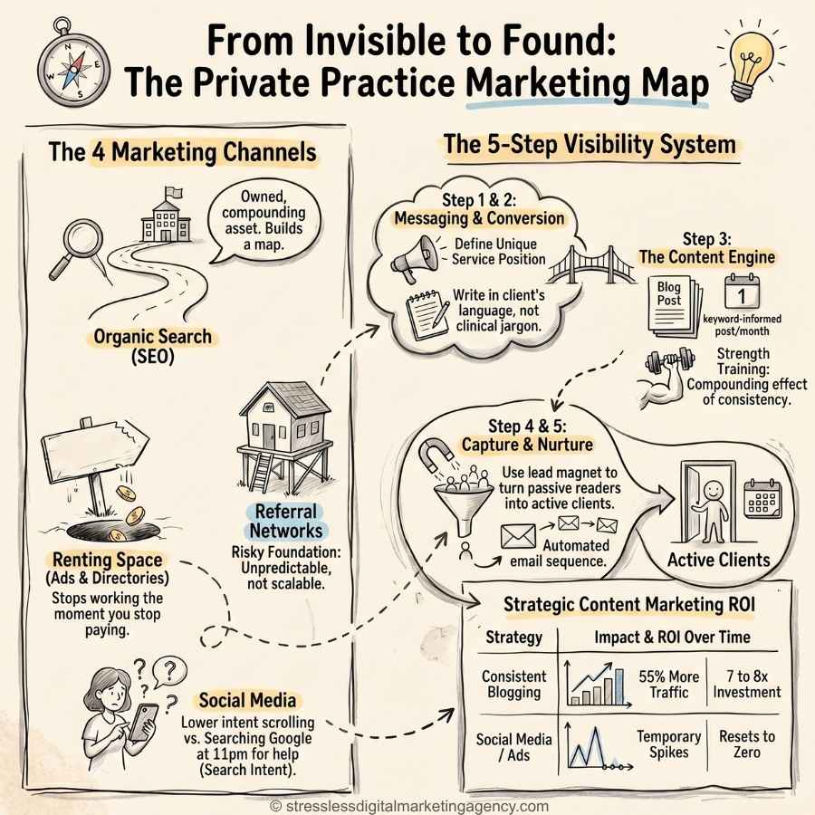 Infographic titled From Invisible to Found: The Private Practice Marketing Map, answering "How do I market my private practice?" with four key channels and a five-step marketing strategy for private practice visibility and success. | stresslessdigitalmarketingagency.com
