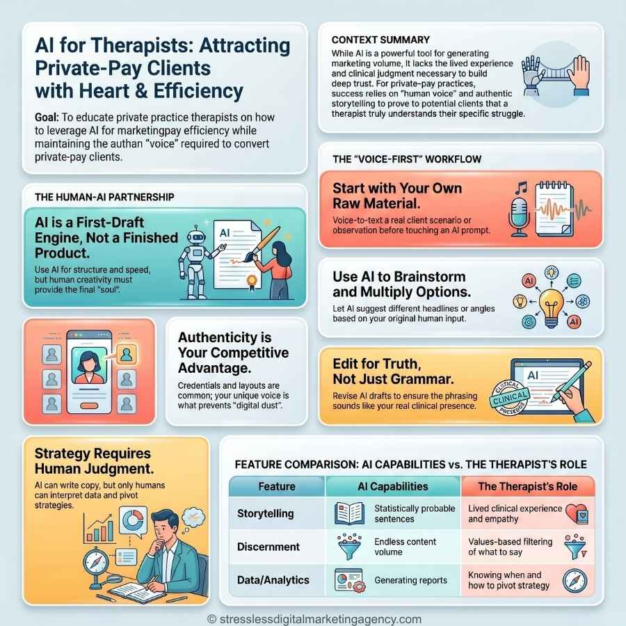 Infographic shows how therapists can use AI for therapists to attract private-pay clients, covering AI-human partnership, authenticity, content creation, strategy, and a table on how therapists can balance AI and human creativity. | stresslessdigitalmarketingagency.com