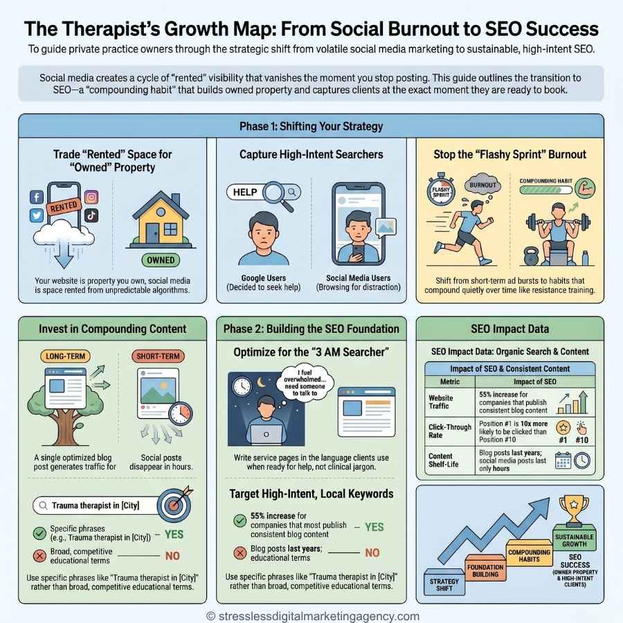 Infographic titled The Therapist’s Growth Map: From Social Burnout to SEO Success, outlining four phases to build a sustainable SEO strategy for therapists, with visuals and brief tips comparing SEO vs social media for therapists in each phase. | stresslessdigitalmarketingagency.com