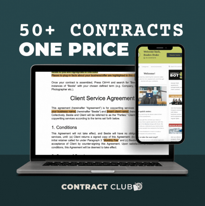 A laptop and smartphone display contract documents. Text reads: “50+ Contracts, One Price. Contract Club.” The teal background highlights legal agreements—a deal so good, you’ll wonder, "are Black Friday deals worth it?. | stresslessdigitalmarketingagency.com