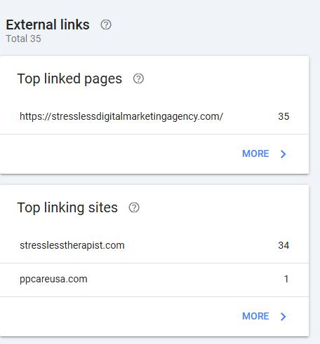 A dashboard helps you track website SEO performance, showing 35 external links. Top linked pages include stresslessdigitalmarketingagency.com. Top linking sites are stresslesstherapist.com (34) and ppcareusa.com (1), similar to Google Search Console insights. | stresslessdigitalmarketingagency.com