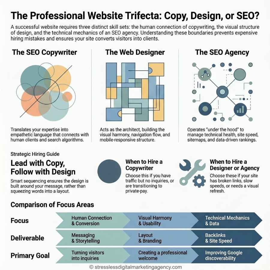 An infographic compares the roles of SEO copywriters, web designers, and SEO agencies—including best SEO copywriting for web design—highlighting their focus areas, hiring advice, and goals using text boxes, icons, and a color-coded chart. | stresslessdigitalmarketingagency.com