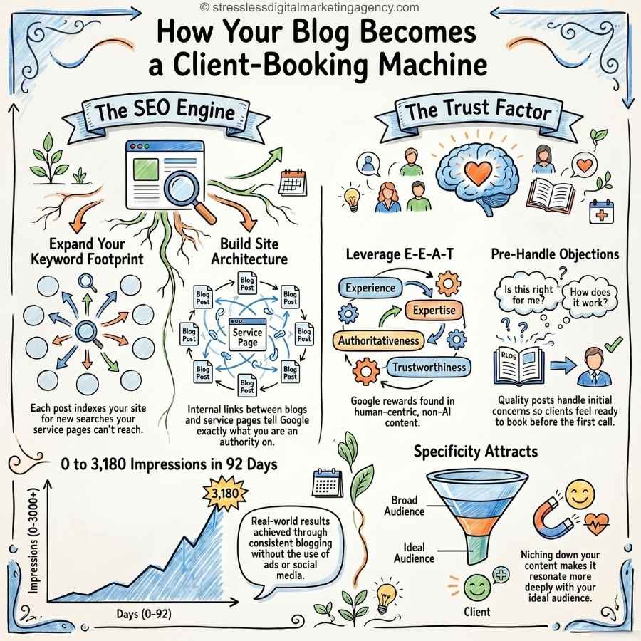 An infographic titled How Your Blog Becomes a Client-Booking Machine shows strategies to boost SEO and trust, using icons and graphs to illustrate expanding keywords, building site architecture, leveraging expertise, and attracting ideal audiences. | stresslessdigitalmarketingagency.com