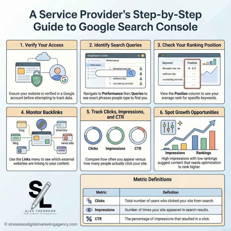 An infographic titled A Service Provider’s Step-by-Step Guide to Google Search Console explains six steps for using Google Search Console, features icons, and defines metrics like Clicks, Impressions, and CTR; Alex Theodor’s logo appears at the bottom. | stresslessdigitalmarketingagency.com
