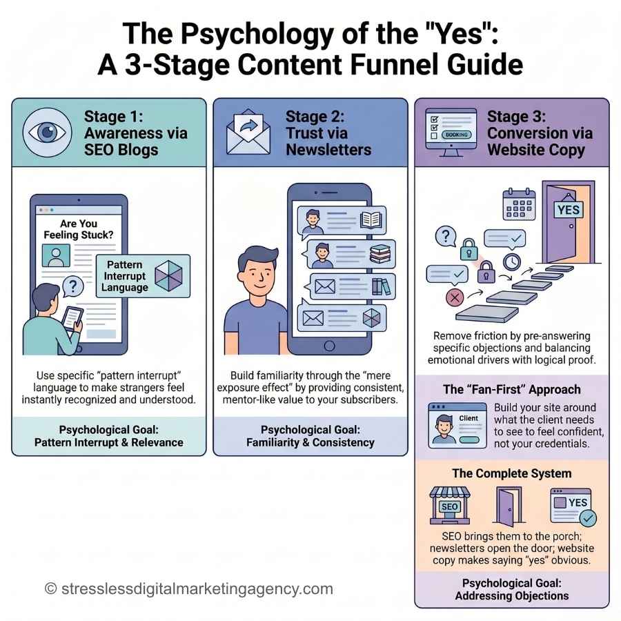 Infographic titled The Psychology of the Yes: A 3-Stage Content Funnel Guide illustrating a sales funnel content strategy—SEO Blogs for awareness, Newsletters for trust, and Website Copy for conversion, each with unique icons. | stresslessdigitalmarketingagency.com