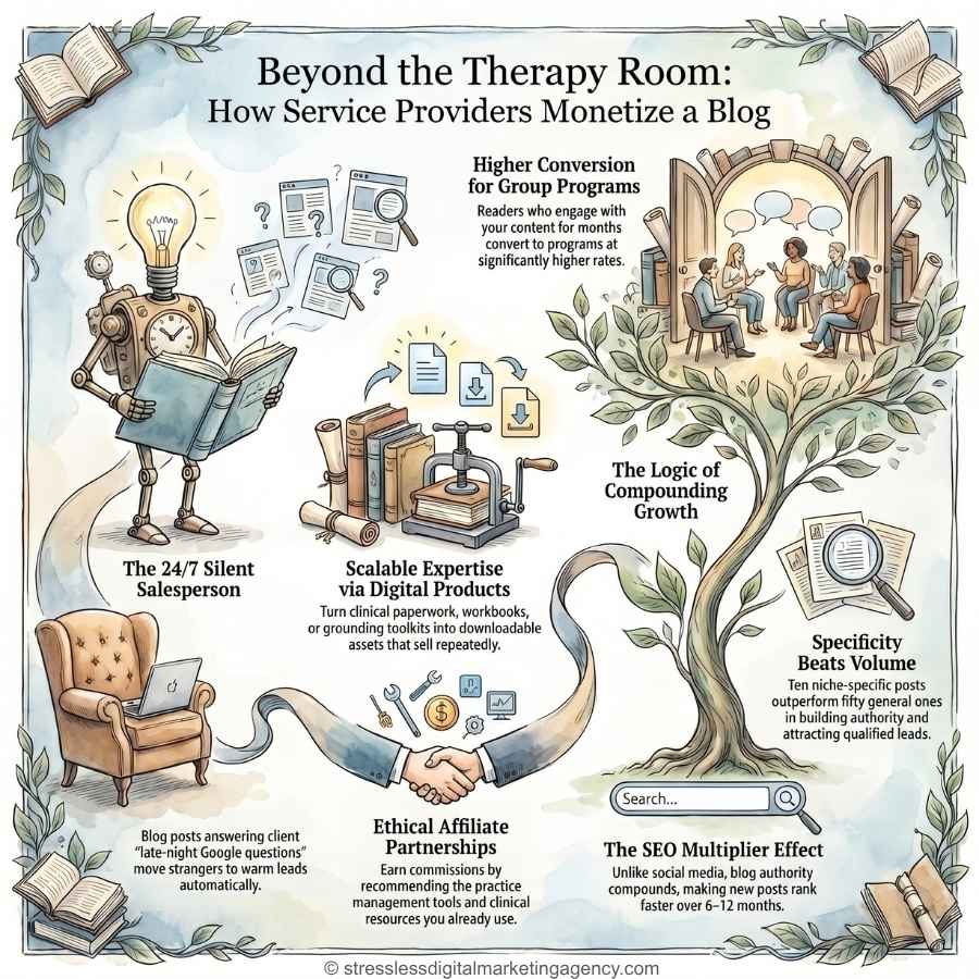 An illustrated infographic titled Beyond the Therapy Room: Best Ways to Monetize a Blog shows six income streams for providers, each depicted with whimsical art—robots, books, trees, and people reading under branches. | stresslessdigitalmarketingagency.com