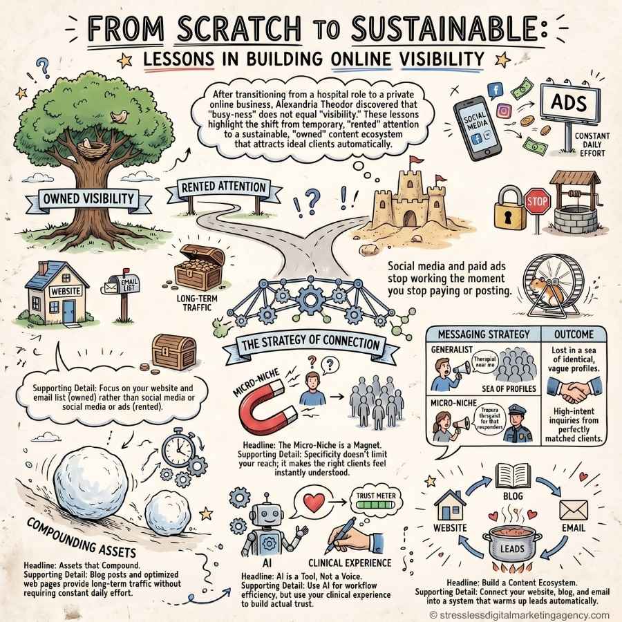 Illustrated guide comparing owned visibility and rented attention for online presence—essential insights for building an online business for health & wellness providers, with a bridge labeled “The Strategy of Connection” and tips for lasting visibility. | stresslessdigitalmarketingagency.com