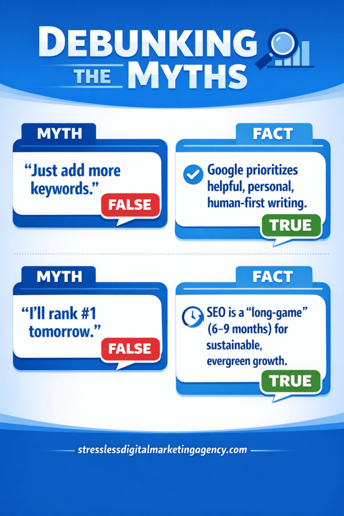 An infographic titled Debunking the Myths shows two SEO myths and facts. It states adding more keywords won’t help and quick rankings are unrealistic; a copywriter for SEO should focus on people-first writing and long-term growth. | stresslessdigitalmarketingagency.com