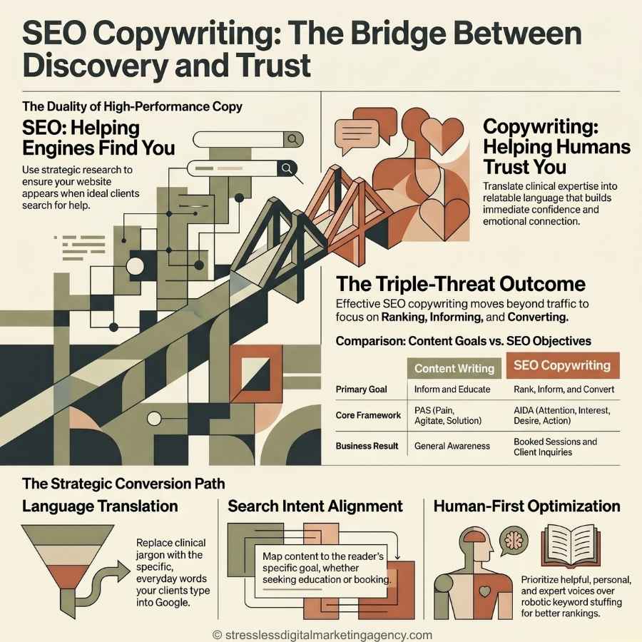 An infographic titled SEO Copywriting: The Bridge Between Discovery and Trust explains how a copywriter for SEO helps engines find sites and builds trust, showing their overlap, key strategies, and a comparison of content goals and frameworks. | stresslessdigitalmarketingagency.com