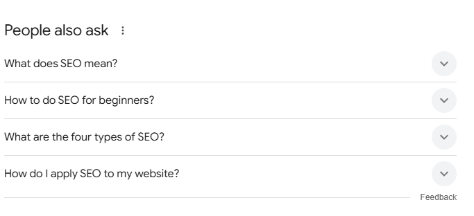 A screenshot of the People also ask section in Google search showing questions about SEO, including its meaning, how beginners can do SEO, types of SEO, and applying SEO to a website. | stresslessdigitalmarketingagency.com