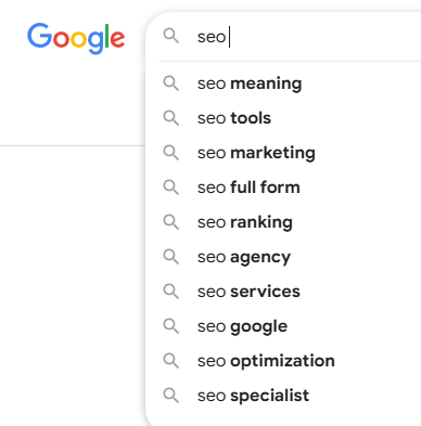 Google search bar with the query seo typed in, displaying autocomplete suggestions like seo meaning, seo tools, seo marketing