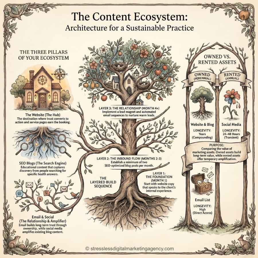 An illustrated guide on how to build a content ecosystem shows a tree labeled The Content Ecosystem, symbolizing sustainable marketing. It details website, SEO, and email as pillars, layers in the ecosystem, and compares owned versus rented digital assets. | stresslessdigitalmarketingagency.com