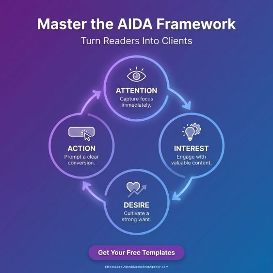 Infographic explaining the AIDA framework: Attention (capture focus), Interest (engage with value), Desire (create want), and Action (prompt conversion), arranged in a circular flow on a blue-purple gradient background. | stresslessdigitalmarketingagency.com
