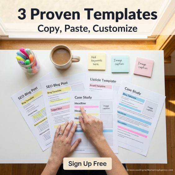 A person sits at a desk with three printed blog templates highlighted in different colors, a cup of coffee, colored pens, sticky notes, and a sign that says Sign Up Free. Text reads: 3 Proven Templates. Copy, Paste, Customize. | stresslessdigitalmarketingagency.com