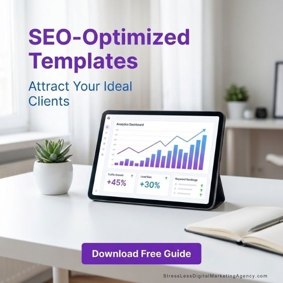 A tablet displaying analytics charts sits on a white desk with a plant and notebook nearby. Text reads, SEO-Optimized Templates. Attract Your Ideal Clients. Download Free Guide. | stresslessdigitalmarketingagency.com