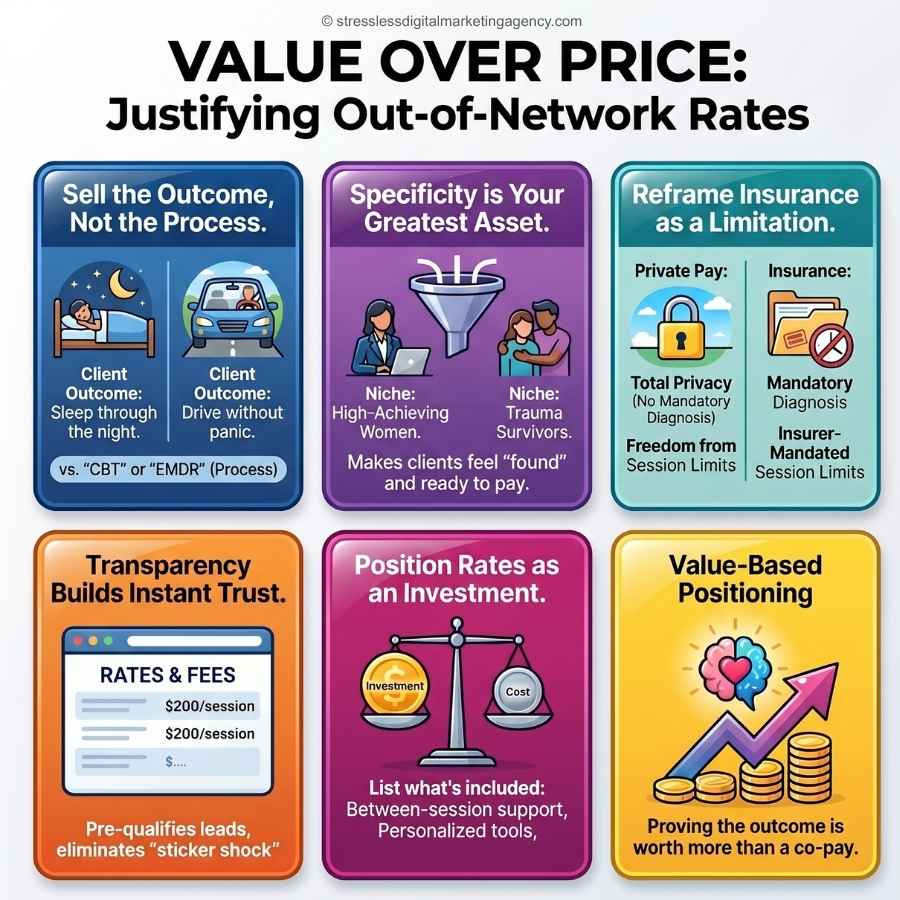 An infographic titled Value Over Price: Justifying Out-of-Network Rates features six colorful boxes with tips for therapists to justify out-of-network therapy rates, highlighting outcomes, specificity, privacy, transparency, investment value, and value-based positioning. | stresslessdigitalmarketingagency.com
