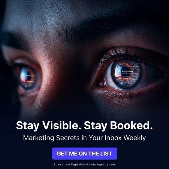 Close-up of a persons eye with digital reflections, promoting a marketing email list. Text reads: Stay Visible. Stay Booked. Marketing Secrets in Your Inbox Weekly. A purple button says, Get Me On The List. | stresslessdigitalmarketingagency.com