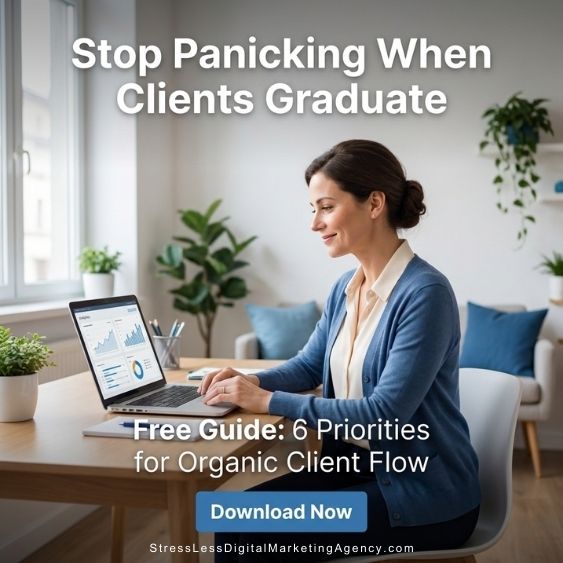 A woman sits at a desk with a laptop, analyzing graphs on the screen. Text reads: Stop Panicking When Clients Graduate. Free Guide: 6 Priorities for Organic Client Flow. Download Now. | stresslessdigitalmarketingagency.com