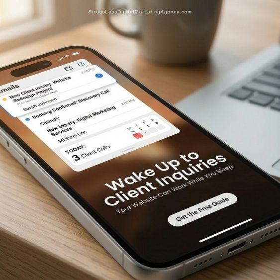 A smartphone displaying emails about client inquiries and a promotional screen saying “Wake Up to Client Inquiries. Your website can work while you sleep” beside a laptop on a desk. | stresslessdigitalmarketingagency.com